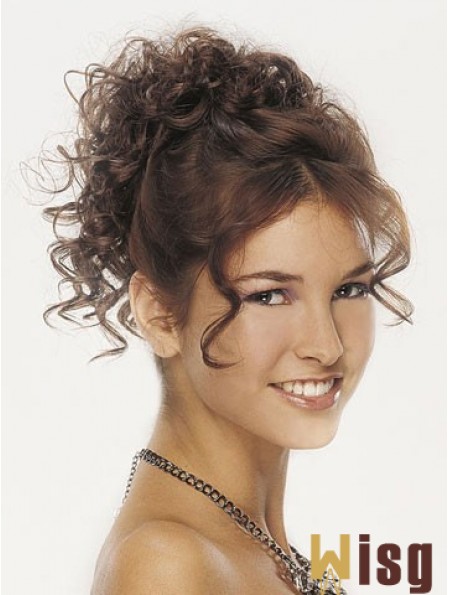 Clip On Hairpieces For Women Brown Color Curly Style With Synthetic